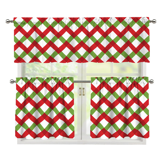 Merry Christmas Checkered Pattern Print 3 Piece Kitchen Curtains