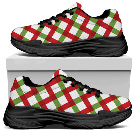 Merry Christmas Checkered Pattern Print Black Chunky Shoes