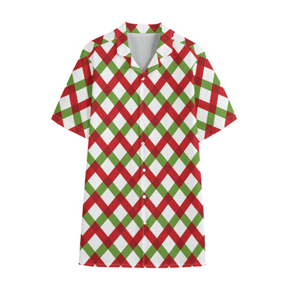 Merry Christmas Checkered Pattern Print Cotton Hawaiian Shirt