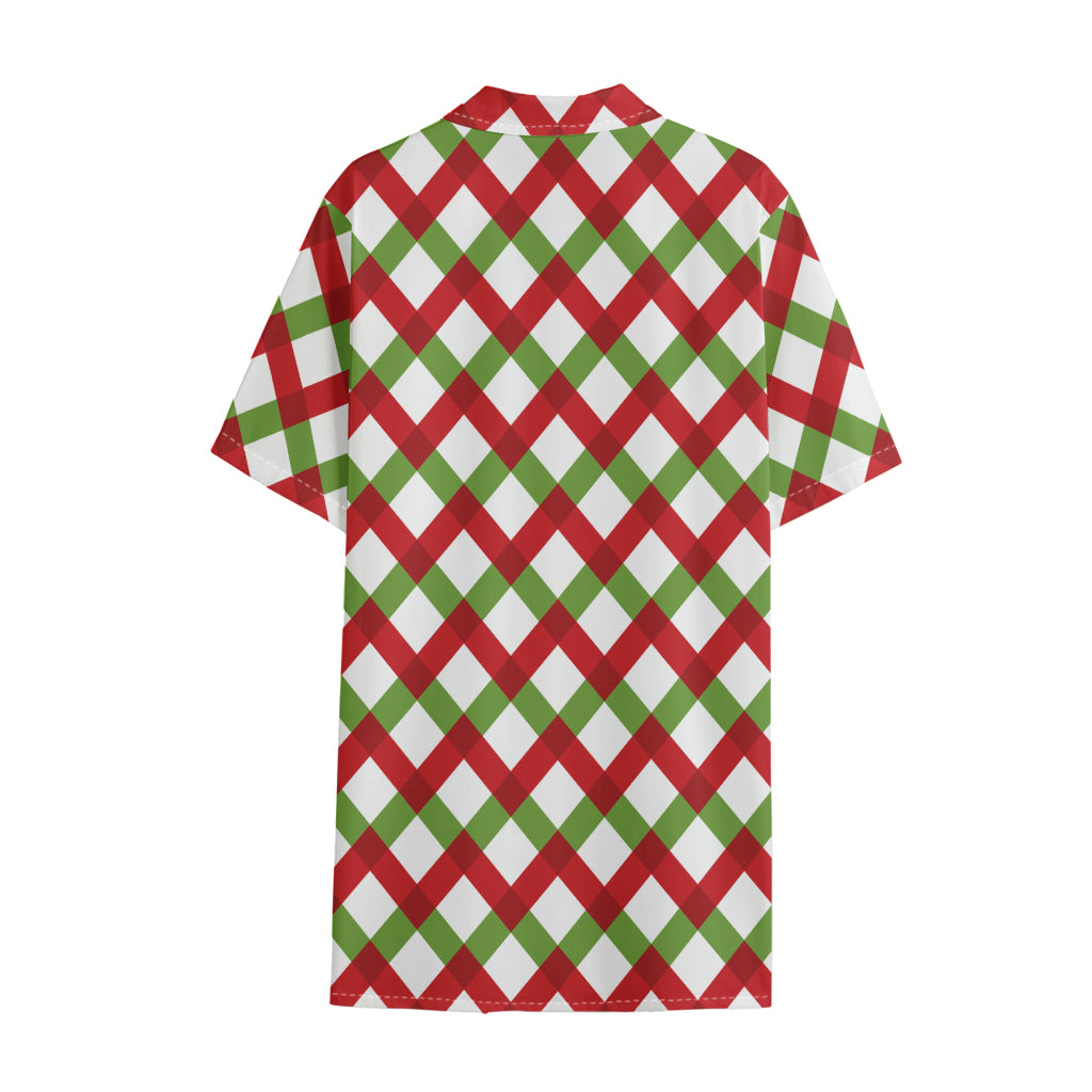 Merry Christmas Checkered Pattern Print Cotton Hawaiian Shirt