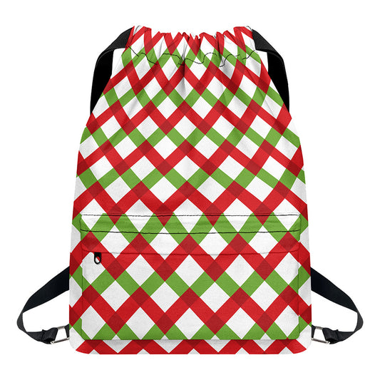 Merry Christmas Checkered Pattern Print Drawstring Backpack