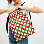 Merry Christmas Checkered Pattern Print Drawstring Backpack