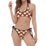 Merry Christmas Checkered Pattern Print Halter Scoop Tie Side Bikini