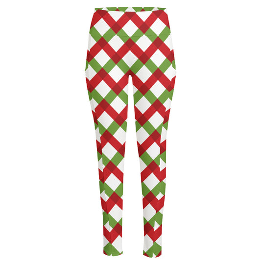 Merry Christmas Checkered Pattern Print High-Waisted Pocket Leggings