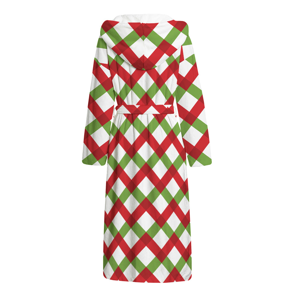 Merry Christmas Checkered Pattern Print Hooded Bathrobe