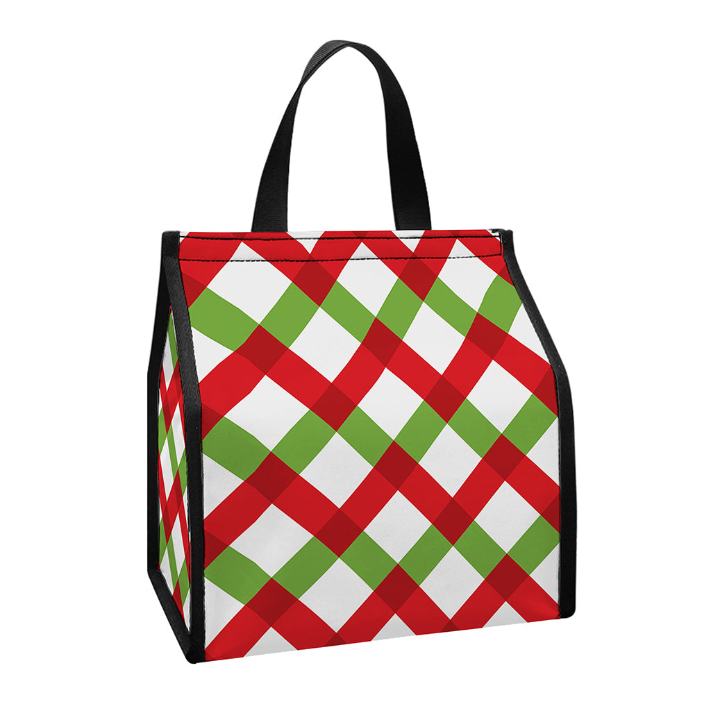 Merry Christmas Checkered Pattern Print Insulated Lunch Tote