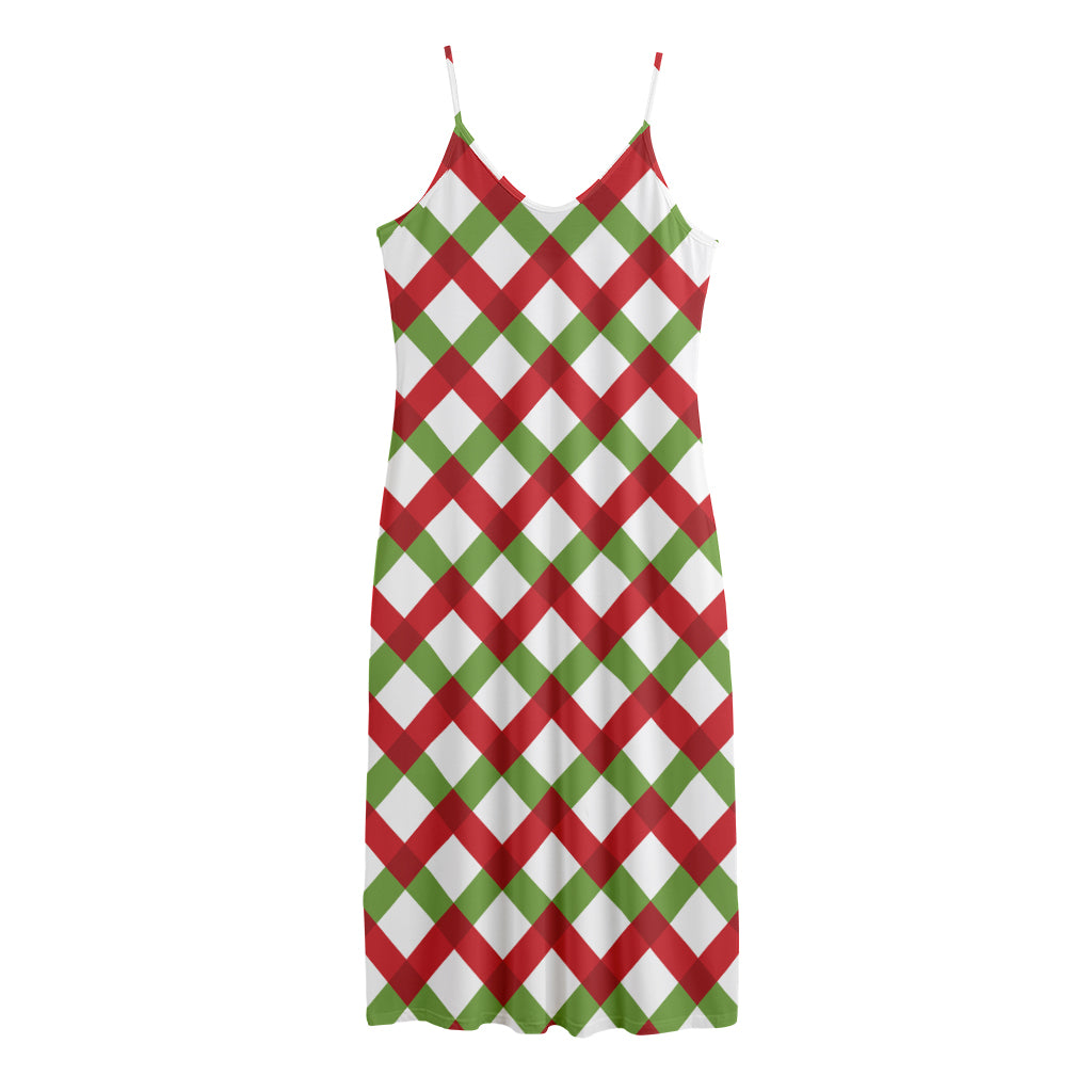 Merry Christmas Checkered Pattern Print Jersey Midi Cami Dress