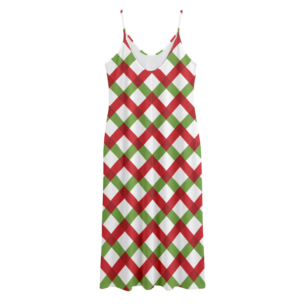Merry Christmas Checkered Pattern Print Jersey Midi Cami Dress