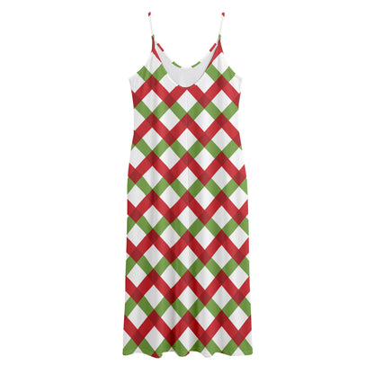 Merry Christmas Checkered Pattern Print Jersey Midi Cami Dress