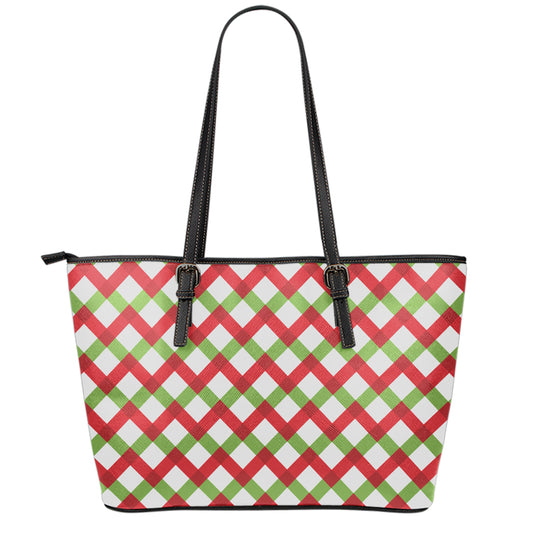 Merry Christmas Checkered Pattern Print Leather Tote Bag