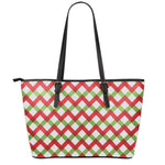Merry Christmas Checkered Pattern Print Leather Tote Bag
