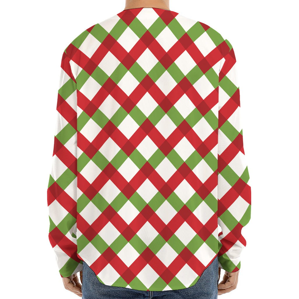Merry Christmas Checkered Pattern Print Long Sleeve Baseball Jersey