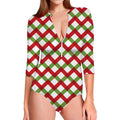 Merry Christmas Checkered Pattern Print Long Sleeve Swimsuit