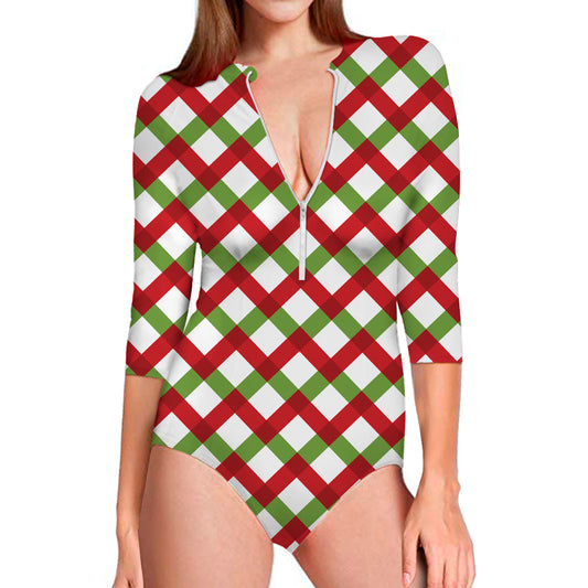 Merry Christmas Checkered Pattern Print Long Sleeve Swimsuit