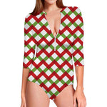 Merry Christmas Checkered Pattern Print Long Sleeve Swimsuit