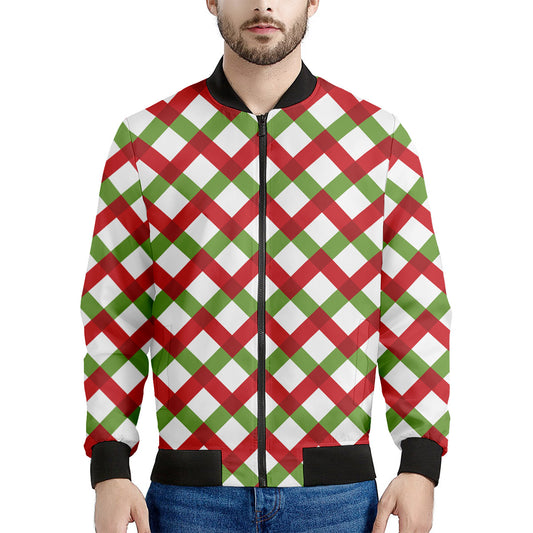 Merry Christmas Checkered Pattern Print Men's Bomber Jacket