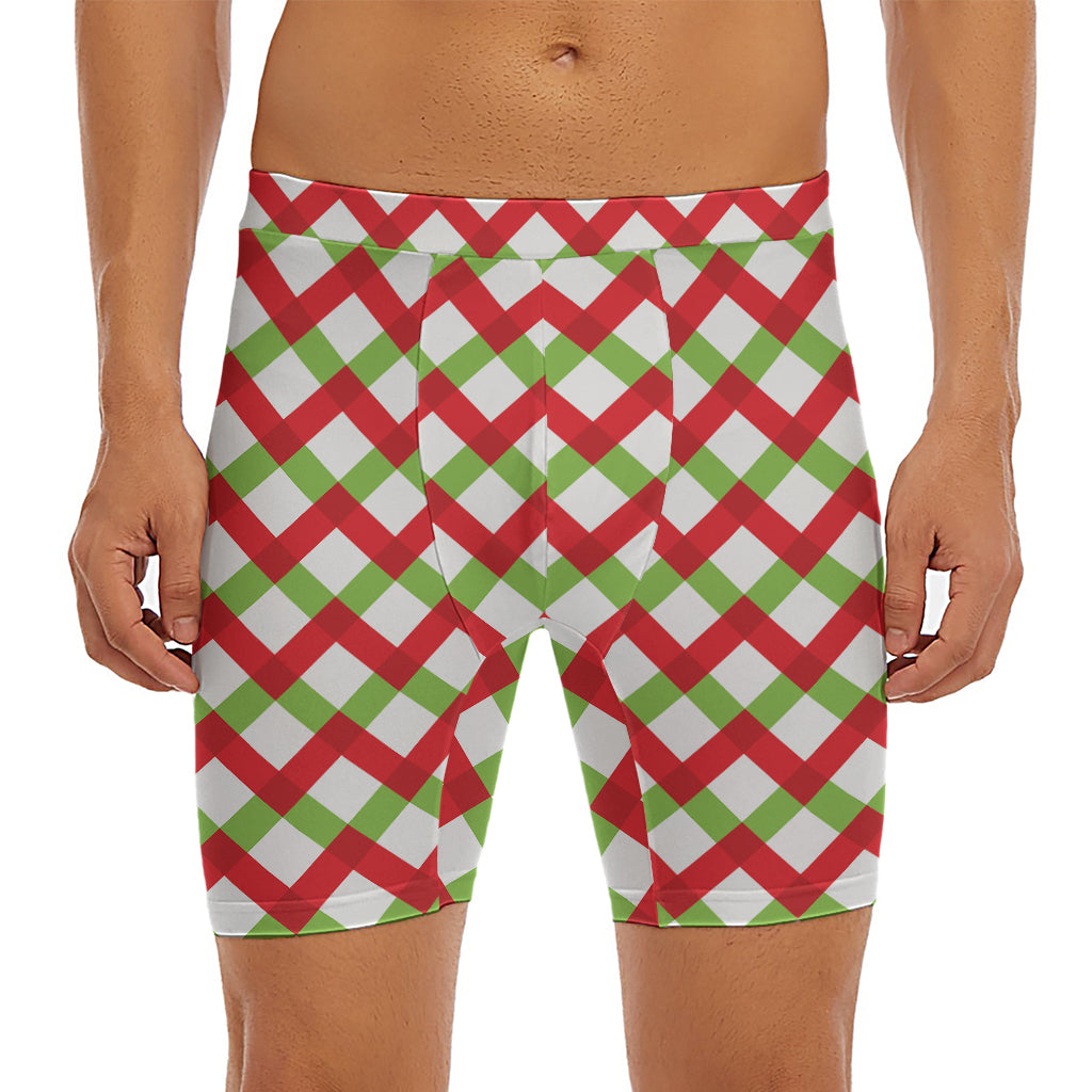 Merry Christmas Checkered Pattern Print Men's Long Boxer Briefs