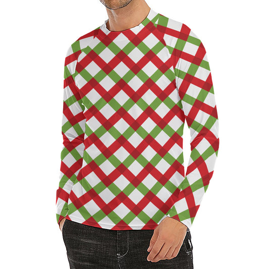 Merry Christmas Checkered Pattern Print Men's Long Sleeve Rash Guard