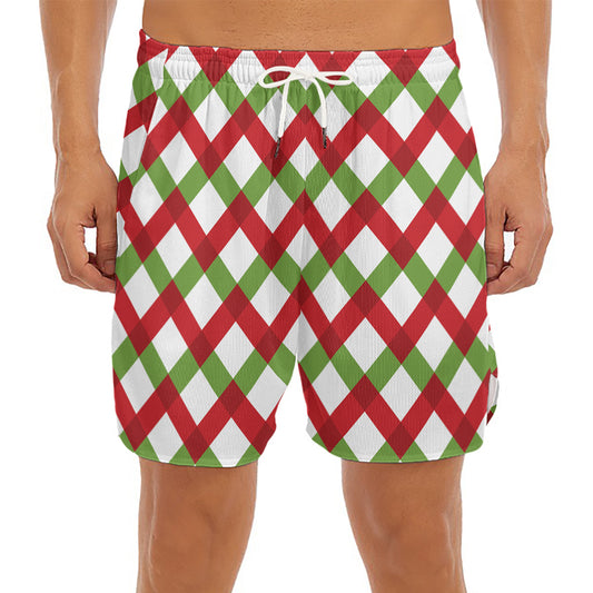 Merry Christmas Checkered Pattern Print Men's Split Running Shorts