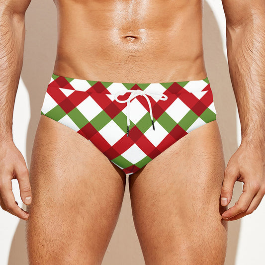 Merry Christmas Checkered Pattern Print Men's Swim Briefs