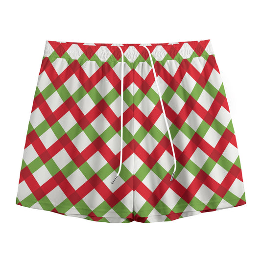 Merry Christmas Checkered Pattern Print Mesh Shorts