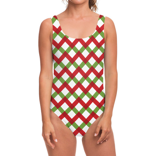 Merry Christmas Checkered Pattern Print One Piece Swimsuit