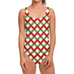 Merry Christmas Checkered Pattern Print One Piece Swimsuit