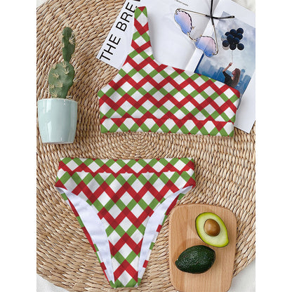 Merry Christmas Checkered Pattern Print One Shoulder Bikini Top