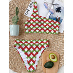 Merry Christmas Checkered Pattern Print One Shoulder Bikini Top