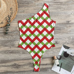 Merry Christmas Checkered Pattern Print One Shoulder Bodysuit