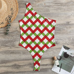 Merry Christmas Checkered Pattern Print One Shoulder Bodysuit