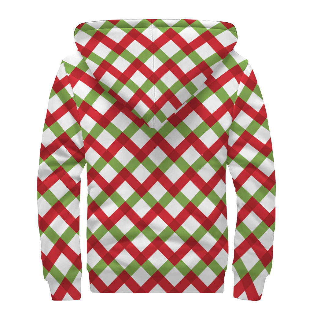 Merry Christmas Checkered Pattern Print Sherpa Lined Zip Up Hoodie