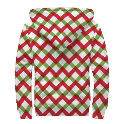 Merry Christmas Checkered Pattern Print Sherpa Lined Zip Up Hoodie