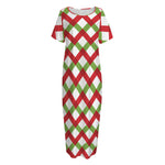 Merry Christmas Checkered Pattern Print Short Sleeve Long Nightdress