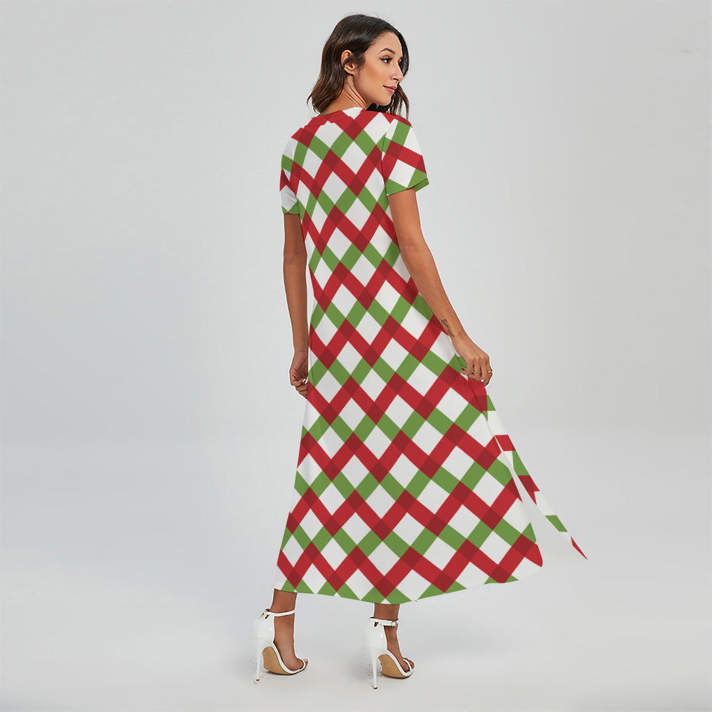 Merry Christmas Checkered Pattern Print Short Sleeve Maxi Dress