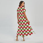Merry Christmas Checkered Pattern Print Short Sleeve Maxi Dress
