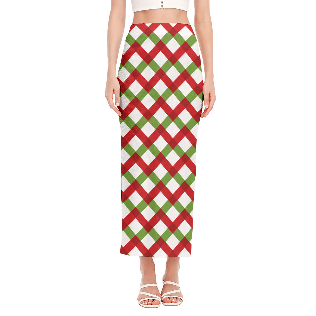 Merry Christmas Checkered Pattern Print Side Slit Maxi Skirt