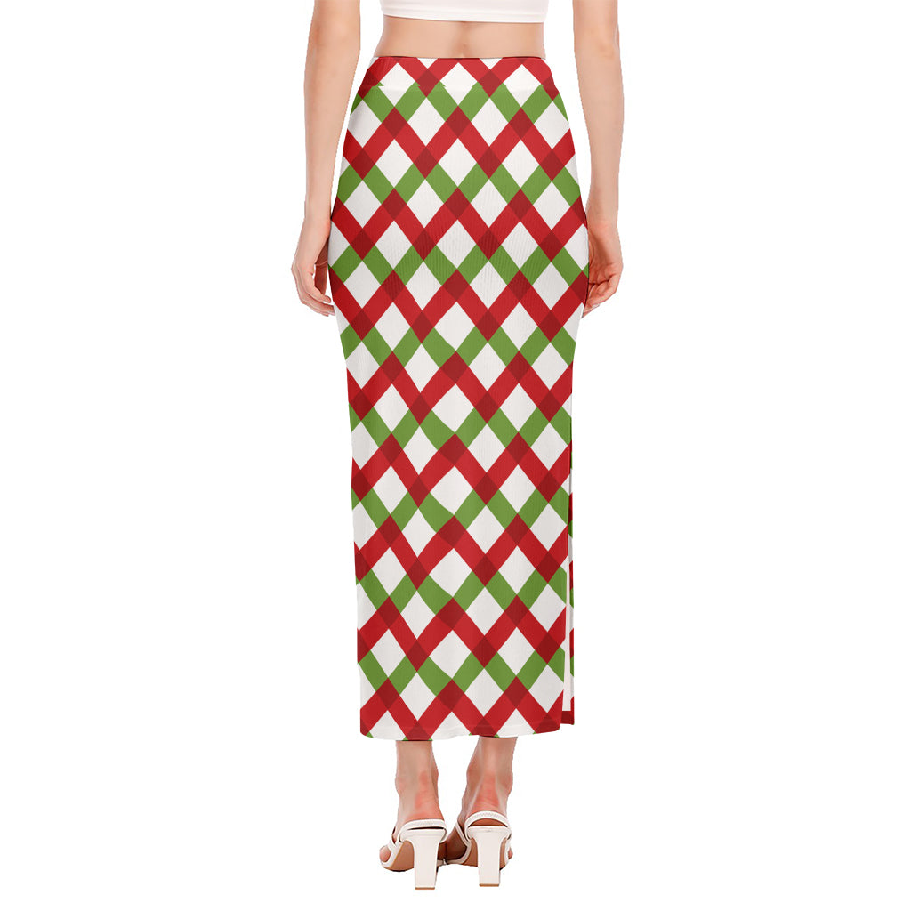 Merry Christmas Checkered Pattern Print Side Slit Maxi Skirt