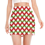 Merry Christmas Checkered Pattern Print Side Slit Mini Skirt