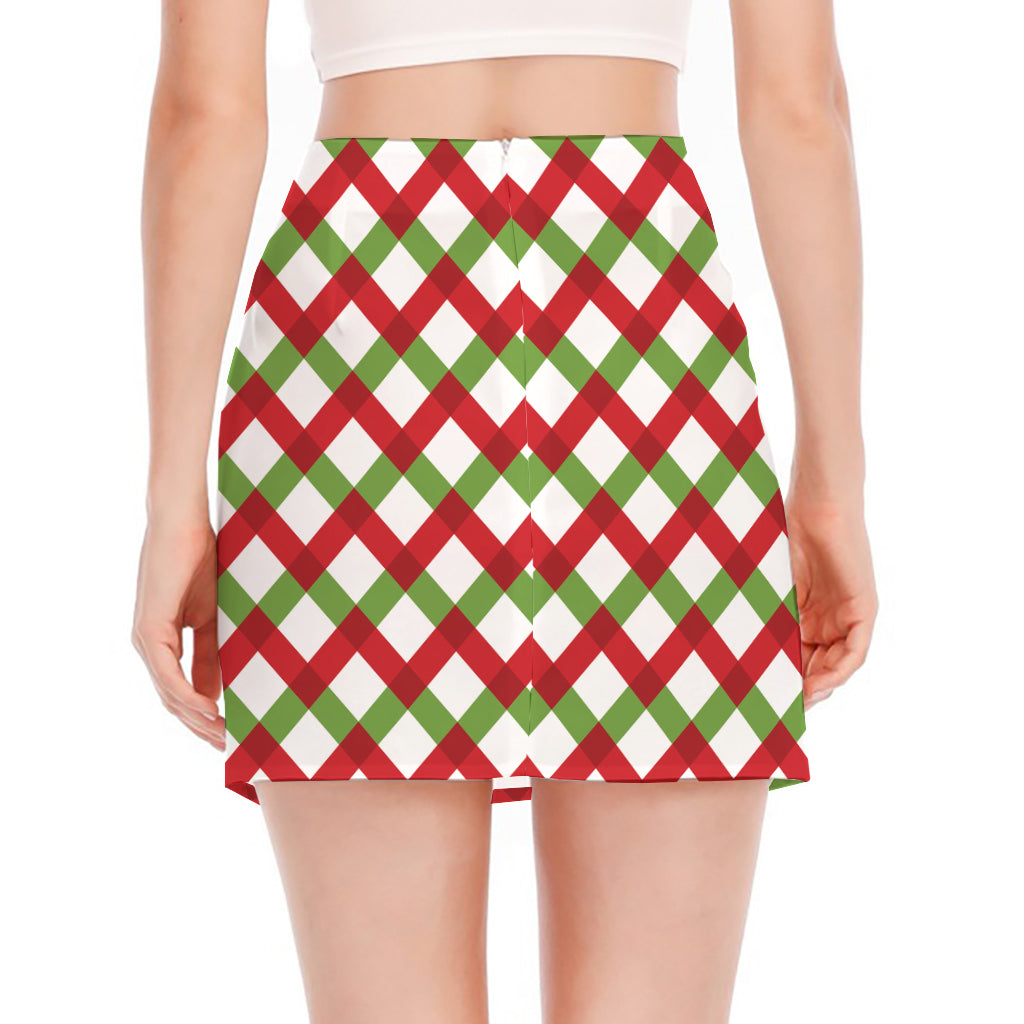Merry Christmas Checkered Pattern Print Side Slit Mini Skirt