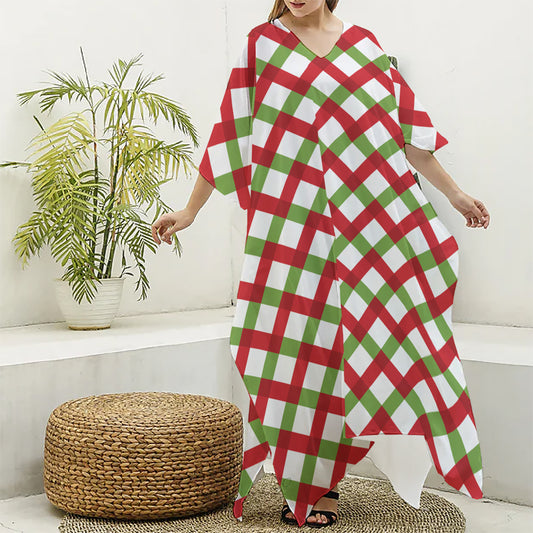 Merry Christmas Checkered Pattern Print Silk V-Neck Kaftan Dress