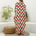 Merry Christmas Checkered Pattern Print Silk V-Neck Kaftan Dress