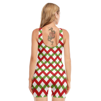 Merry Christmas Checkered Pattern Print Sleeveless One Piece Swimsuit