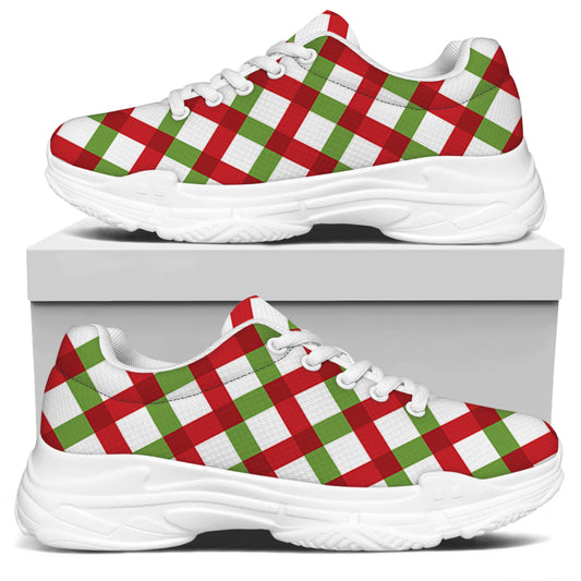 Merry Christmas Checkered Pattern Print White Chunky Shoes