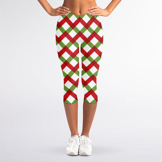Merry Christmas Checkered Pattern Print Women's Capri Leggings