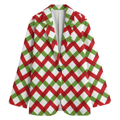 Merry Christmas Checkered Pattern Print Women's Cotton Blazer