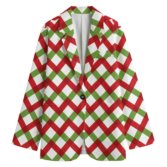 Merry Christmas Checkered Pattern Print Women's Cotton Blazer