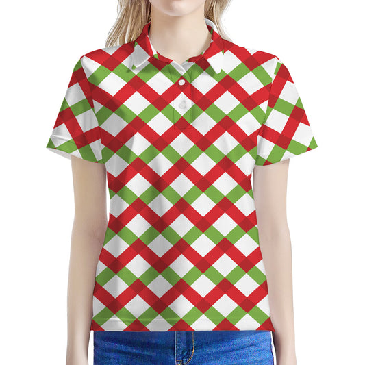 Merry Christmas Checkered Pattern Print Women's Polo Shirt