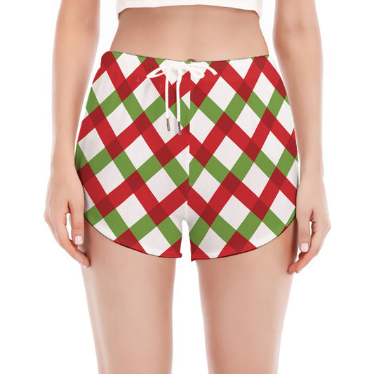 Merry Christmas Checkered Pattern Print Women's Split Running Shorts