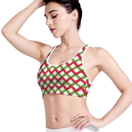 Merry Christmas Checkered Pattern Print Women's Sports Bra